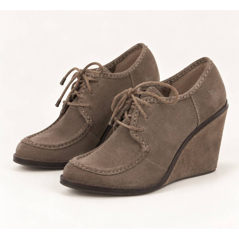 Frye Suede Wedge Pumps Lace Up Moc Toe Size 10 Taupe